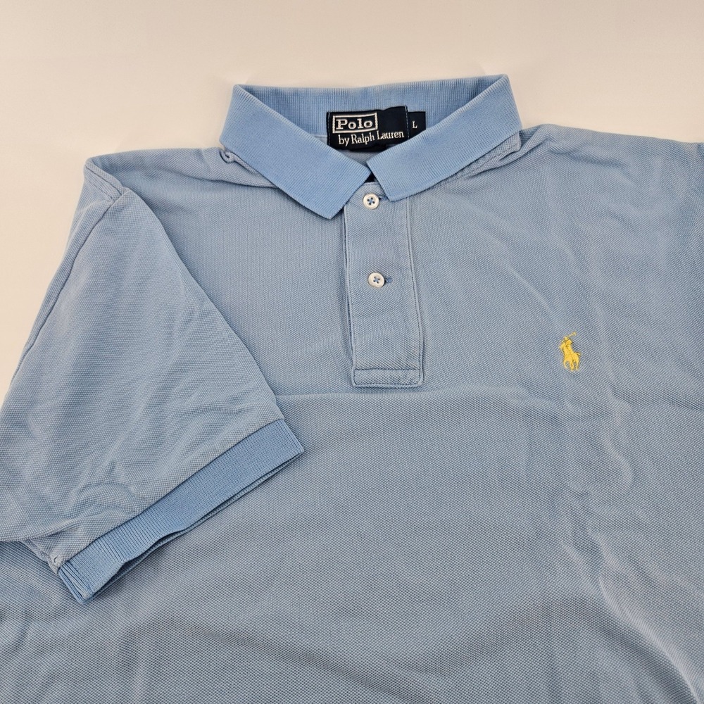 Polo Ralph Lauren Mens Blue Cotton Pique Polo Shirt Large Yellow Pony
